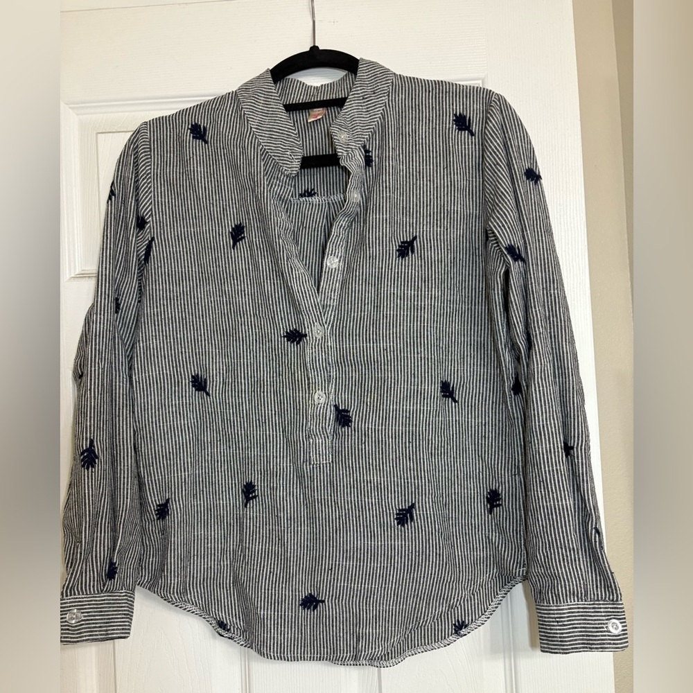 Blouse Women Striped Navy Embroidered Shirt Size M
